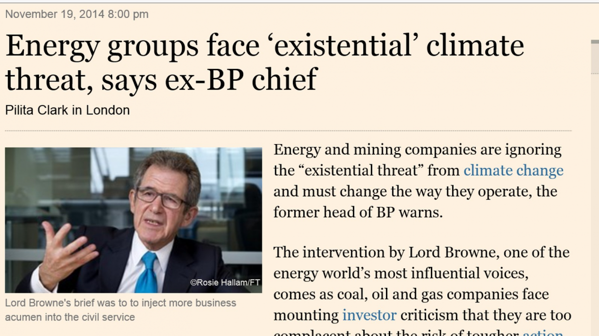 Den tidligere BP-sjefen Lord Browne snakker i FT om klima som eksistensiell trussel mot fossile energiselskaper.