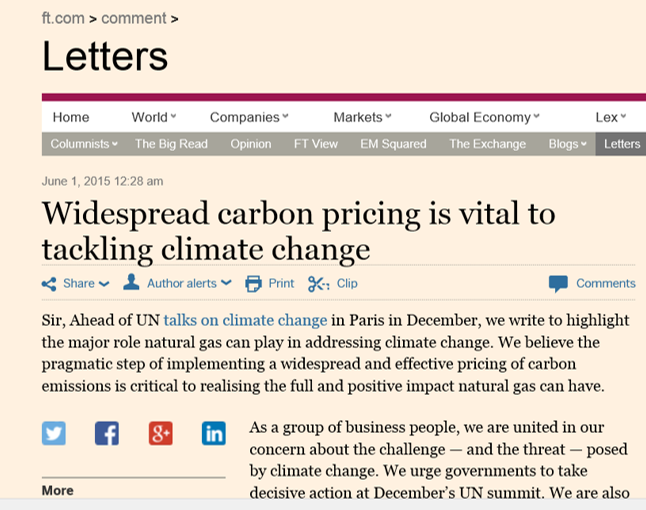 Toppsjefene i BP, Shell, Total, Eni, Statoil og BG Group presenterte sitt syn på karbonprising i FT.