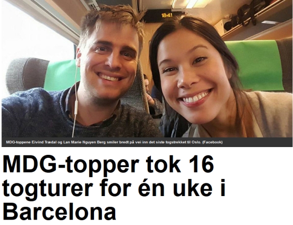 Faksimile av Nettavisen-oppslag om MDG-toppenes togtur til Barcelona. Foto fra Eivind Trædals Facebook-side.