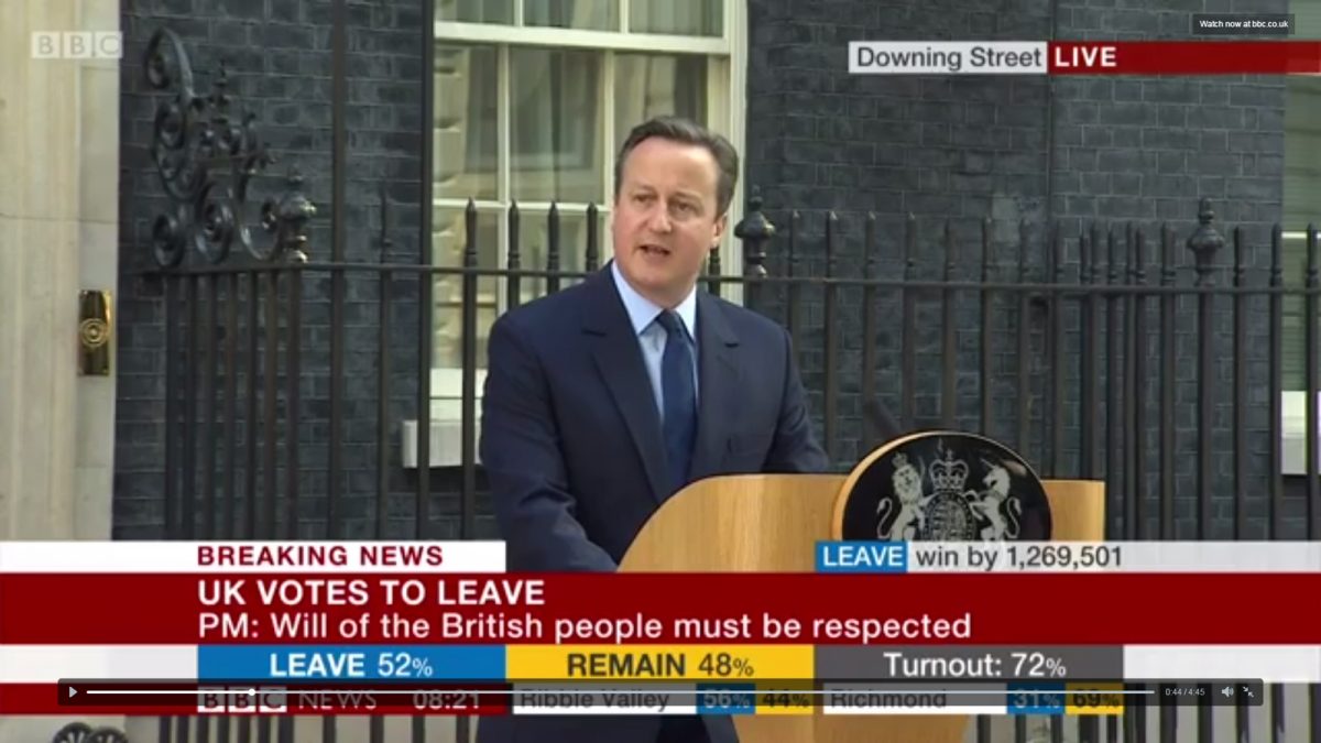 David Cameron kunngjorde fredag morgen at han går av som statsminister før det konservative partiets landsmøte til høsten. (foto: skjermbilde fra BBC News).