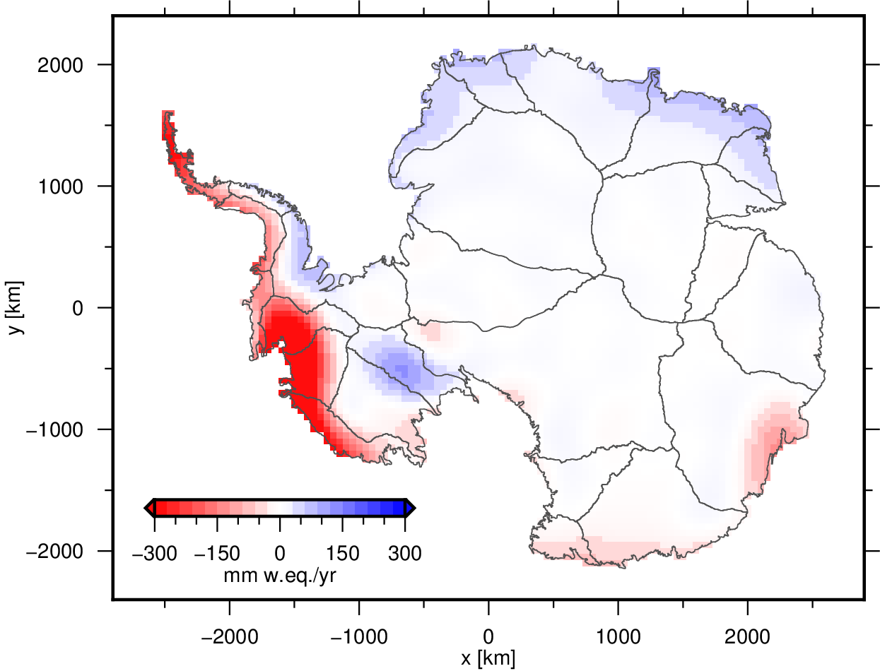 Fig. 5: Den romlige fordelingen av endringer i ismasse i Antarktis for perioden 2002 (august) til 2016 (januar), målt med NASA sin GRACE tyngdefeltsatelitt uttrykt som mm vann-ekvivalent pr. år (eller kg/m2/år). Rød farge viser områder med massetap, mens blå viser økning av ismasse (Groh & Horwath, 2016).