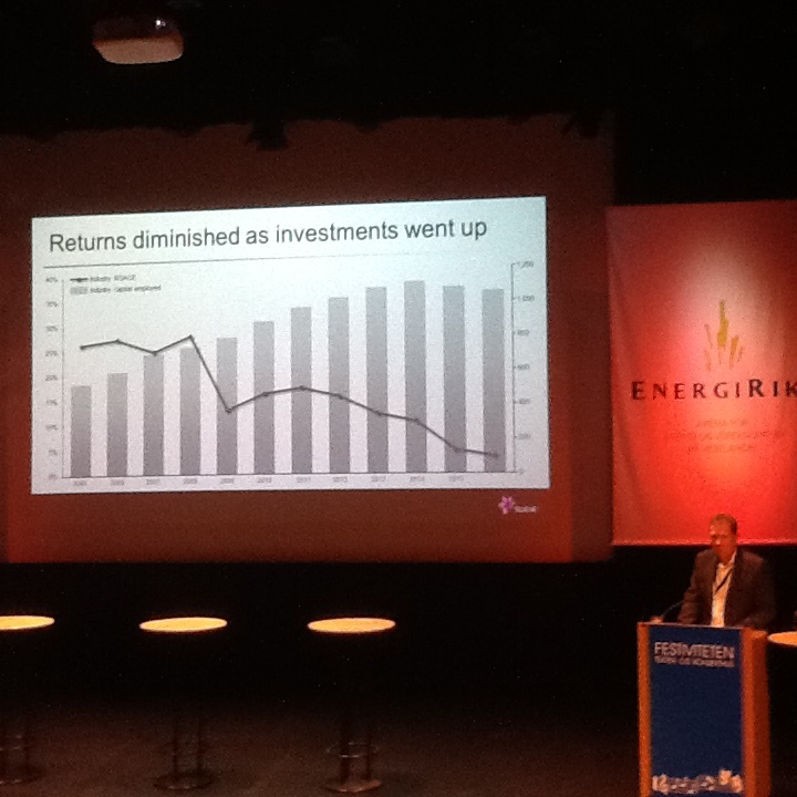 Statoils Kjetil Hove viste hvordan oljesektorens lønnsomhet har rast siden 2005.