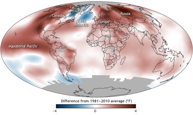 2015 var det varmeste året som er målt. Det var særlig høye temperaturer i Russland og det vestlige Nord-Amerika. Jo rødere på kartet, jo varmere i forhold til det langsiktige gjennomsnittet. (kilde: NOAA)