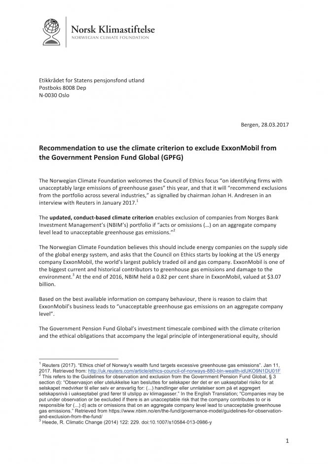 Faksimile av brev til etikkrådet fra Norsk klimastiftelse