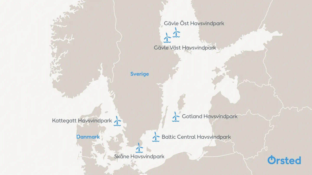 Kar over Sverige med inntegnede havvindparker